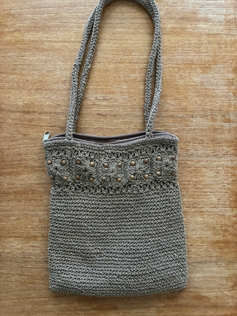 Handwoven Crochet Shoulder Bag in taupe color